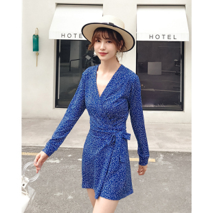 碎花印花雪纺D家连衣裙裤 裹身裙修身 夏V领收腰连身裙 新款 2025夏季