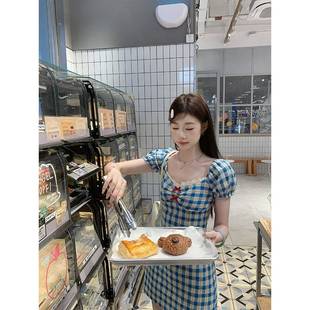 海盐泡芙 EIA一尧 韩系格纹连衣裙女夏甜美温柔拼接蕾丝公主裙