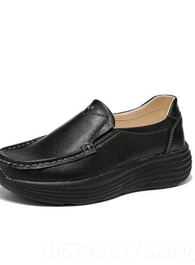 高档真皮单鞋闲小皮鞋坡跟休妈妈圆工头松糕女鞋0作鞋女黑色225春