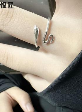 谢家银匠新年新款蛇形小众素圈99足银戒指  开口调节指环戒