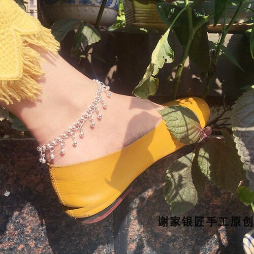 99银脚链女珠珠个性银脚链 99足银圆珠脚链清新森系脚踝链