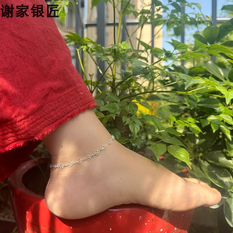 谢家银匠纯银999足银爱心脚链女小众设计轻奢高级感时尚百搭脚环