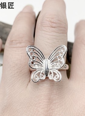 谢家银匠蝴蝶民族风个性戒指  99足银食指气质开口指环
