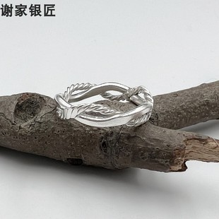谢家银匠手工麻花光面戒指  999足银波浪闭口复古男女戒指