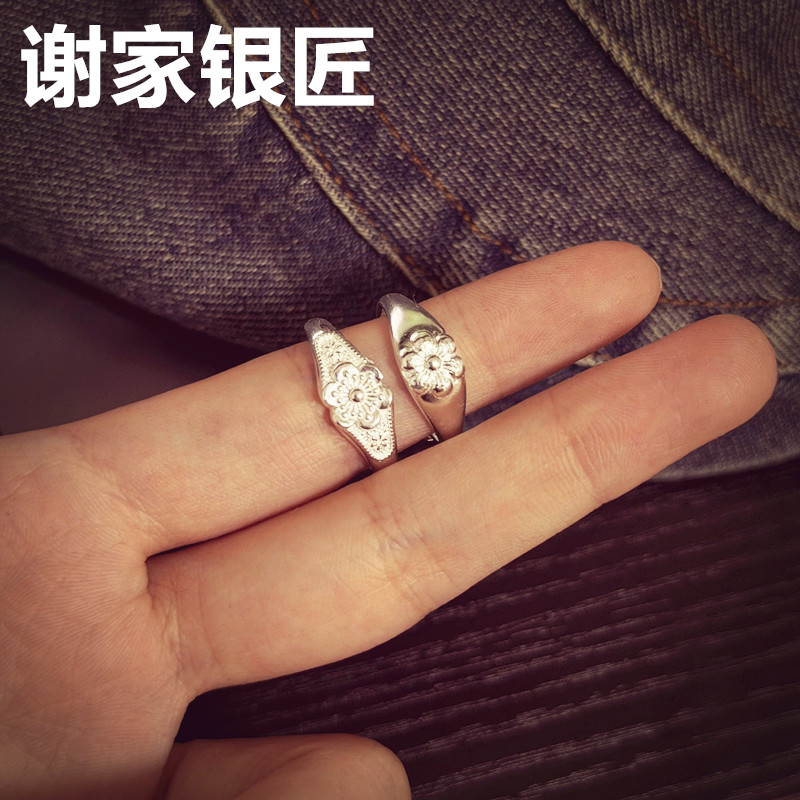 谢家银匠足银手工中式复古梅花戒指女   花朵老式国风民国戒指