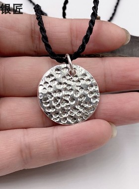 谢家银匠手工锤纹个性圆形牌子  999足银圆牌复古吊坠
