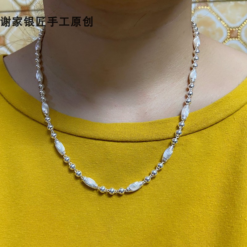 谢家银匠99银橄榄球男女项链   99足银圆珠项链珠子链