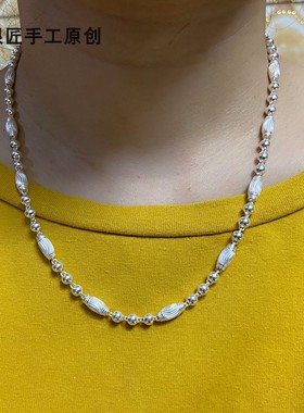 谢家银匠99银橄榄球男女项链   99足银圆珠项链珠子链