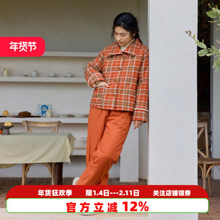 朵朵可可家居服睡衣女2025新款冬季纯棉格纹加厚三层夹棉夹绒套装