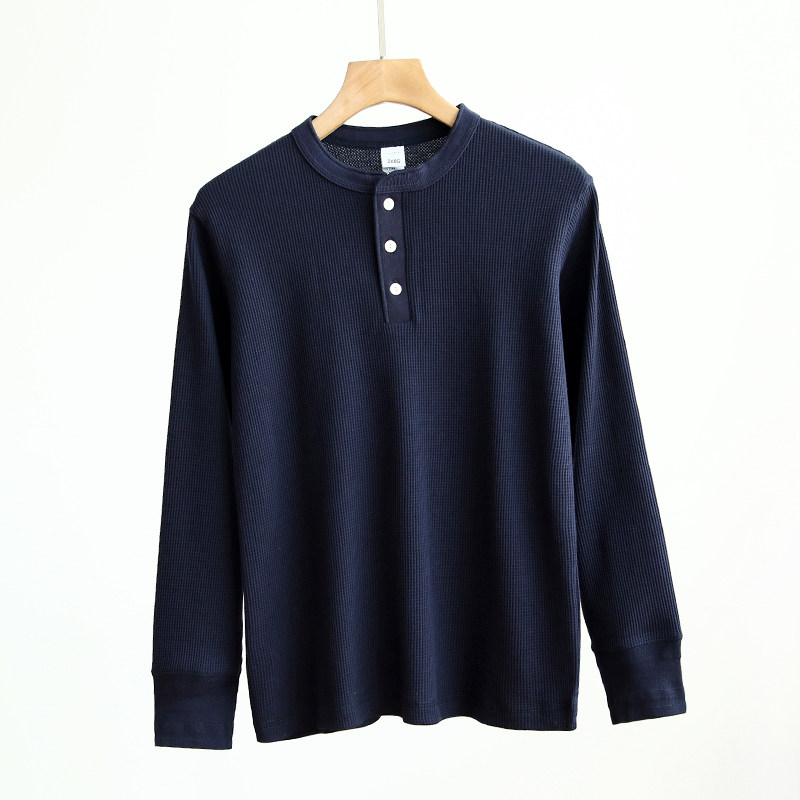 thumbnail for High gram weight waffle fabric! American-style Henry Collar ~ Foreign Trade Men's Wear Factory Tail Goods Solid Color Versatile Bottoming T-shirt