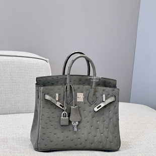 铂金包银扣南非鸵鸟皮bk25手工蜡线手缝女包薰衣草紫色积雨云灰色