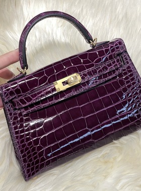 mk2凯莉迷你二代KL19亮面hcp美洲鳄鱼皮葡萄紫色 金扣单肩斜挎包