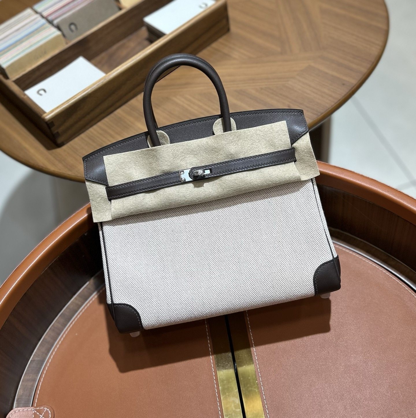 新款蜡线手缝bk25铂金包sw拼金扣帆布摩卡巧克力冰川蓝银金扣女包