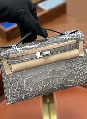 一代凯莉手工定制原厂hcp高光美洲鳄鱼KL22水晶灰0V亮面银扣蜡线