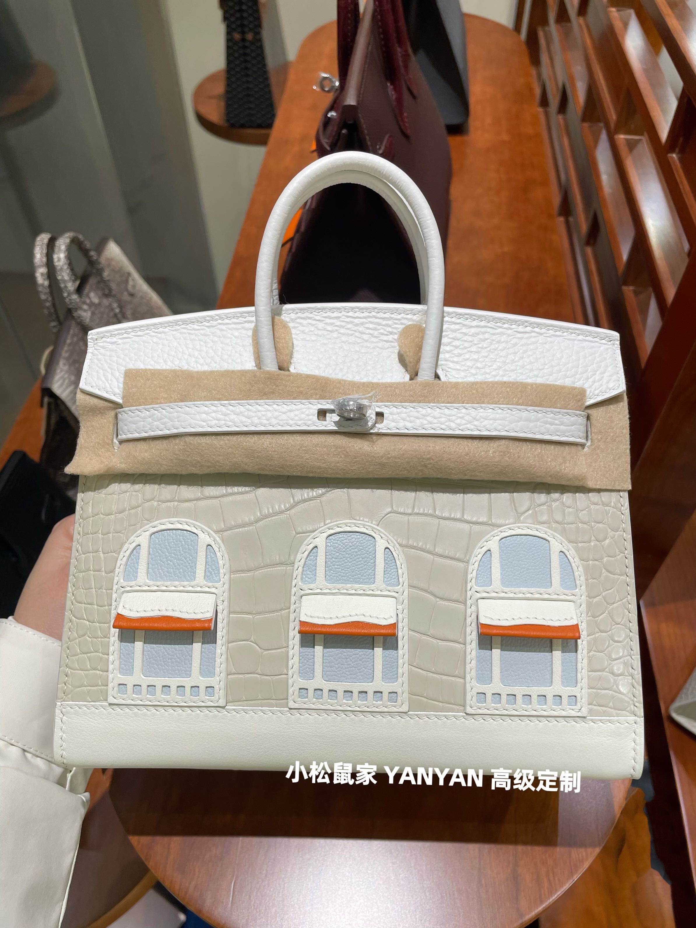镇店之宝四合院铂金包白房子初雪雾面冰川白鳄鱼皮BK20蜡线纯手缝