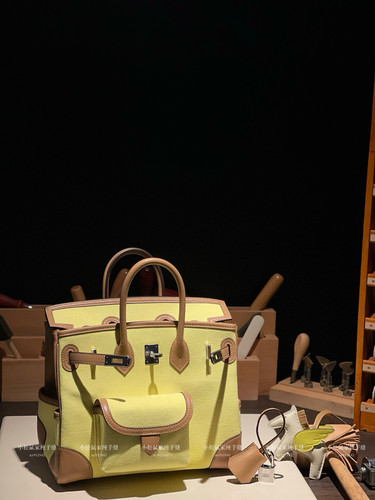 纯手工缝制Bk25铂金cargo柠檬黄咖啡包进口帆布拼sw牛皮银扣蜡线