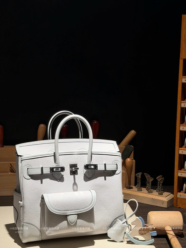 纯手工缝制Bk25铂金cargo咖啡包进口帆布拼sw牛皮灰蓝铂金色银扣