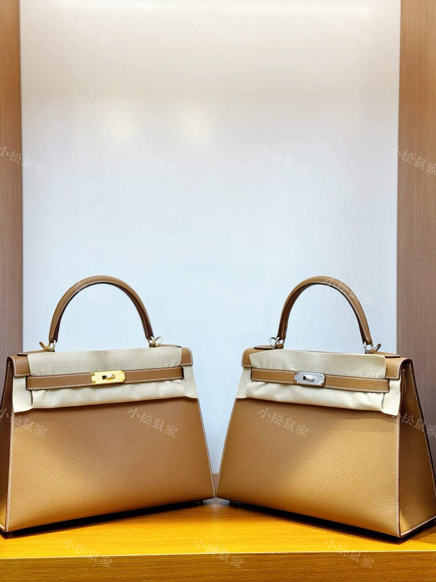 经典蜡线手缝LK28cm金棕金银凯莉法国haas原厂皮手掌纹手提包大号