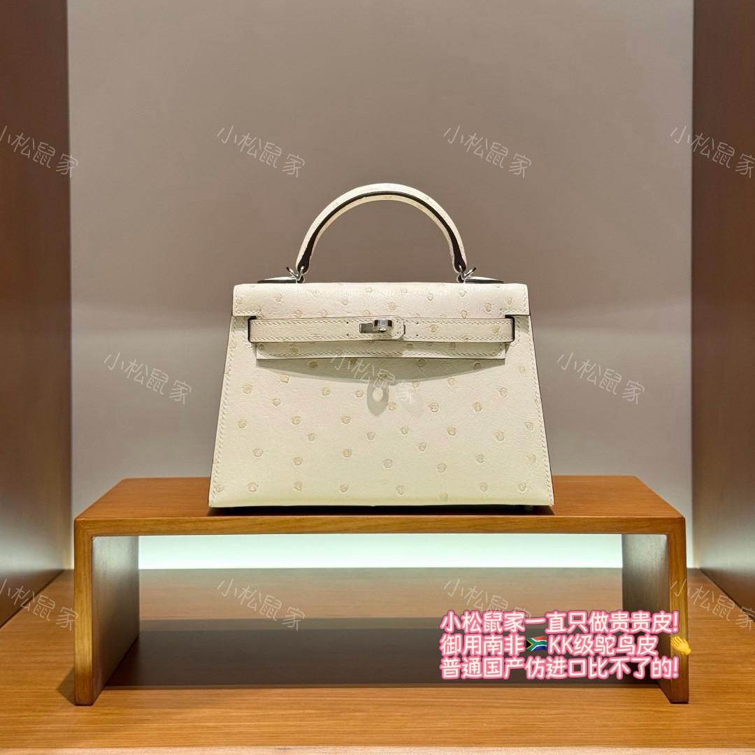 手工定制凯莉二代KL19鸵鸟皮Y1香草奶黄色南非鸵鸟皮银蜡线手提包