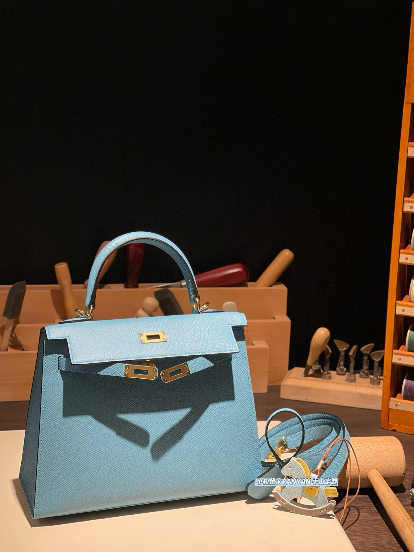 纯手工!凯莉包女包EP外缝 P3 北方蓝金扣蜡线KL25原厂手掌纹牛皮