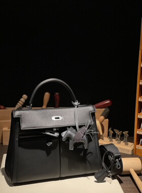 双口袋lakis凯莉包双拉链KL32手缝定制原厂swift皮黑色银扣单肩包