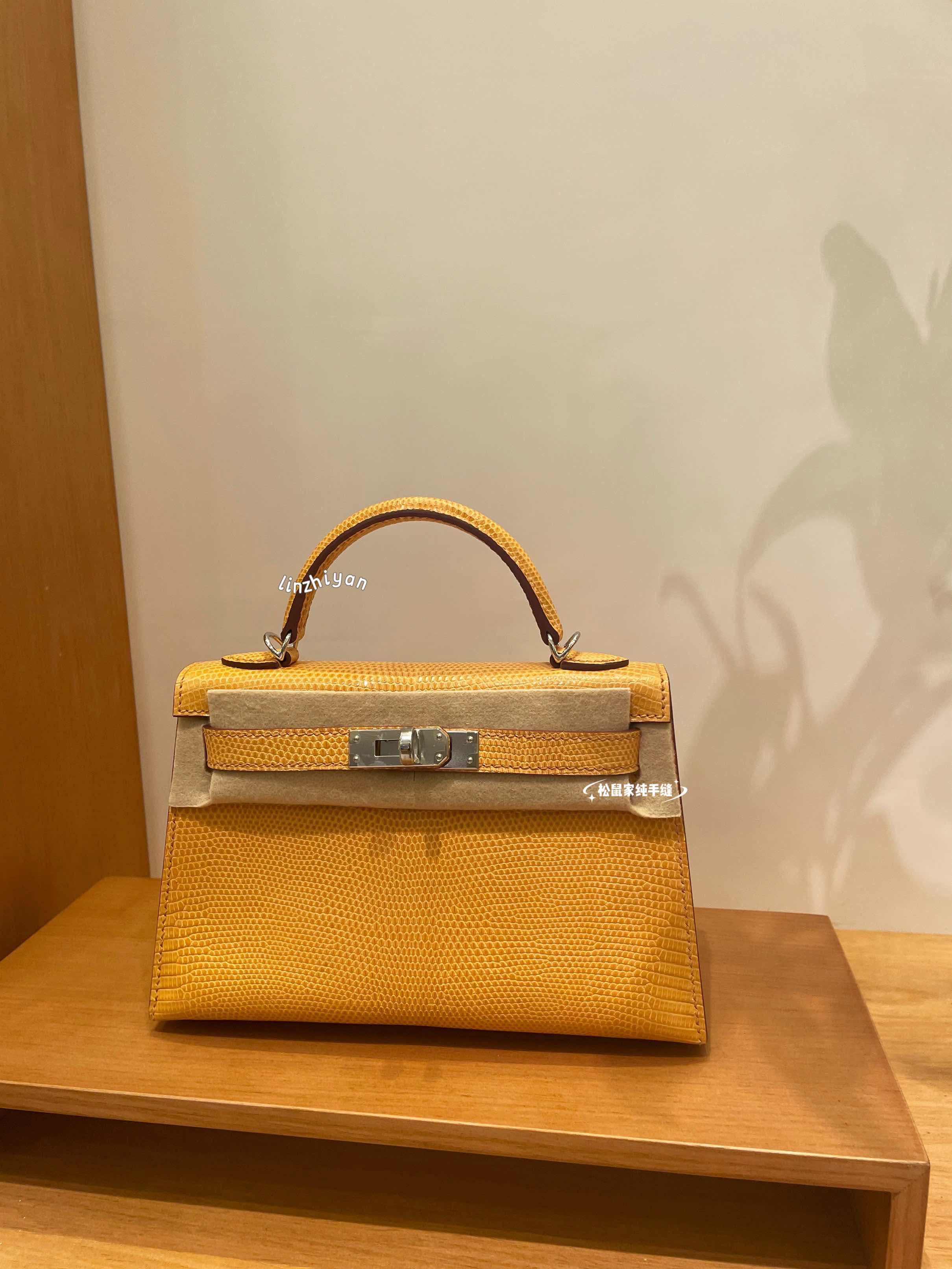 限量定制手缝蜡线凯莉二代mini 蜥蜴皮琥珀黄银扣KL19手提斜挎包