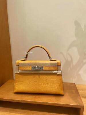 限量定制手缝蜡线凯莉二代mini 蜥蜴皮琥珀黄银扣KL19手提斜挎包