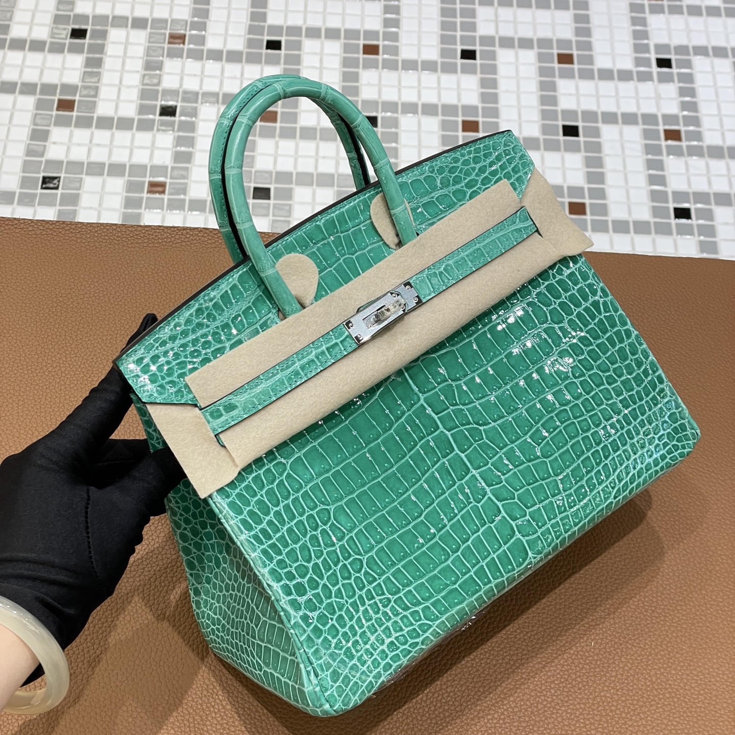 天花板级铂金包帝王绿O6亮面进口hcp倒v湾鳄bk25银扣蜡线手缝定制