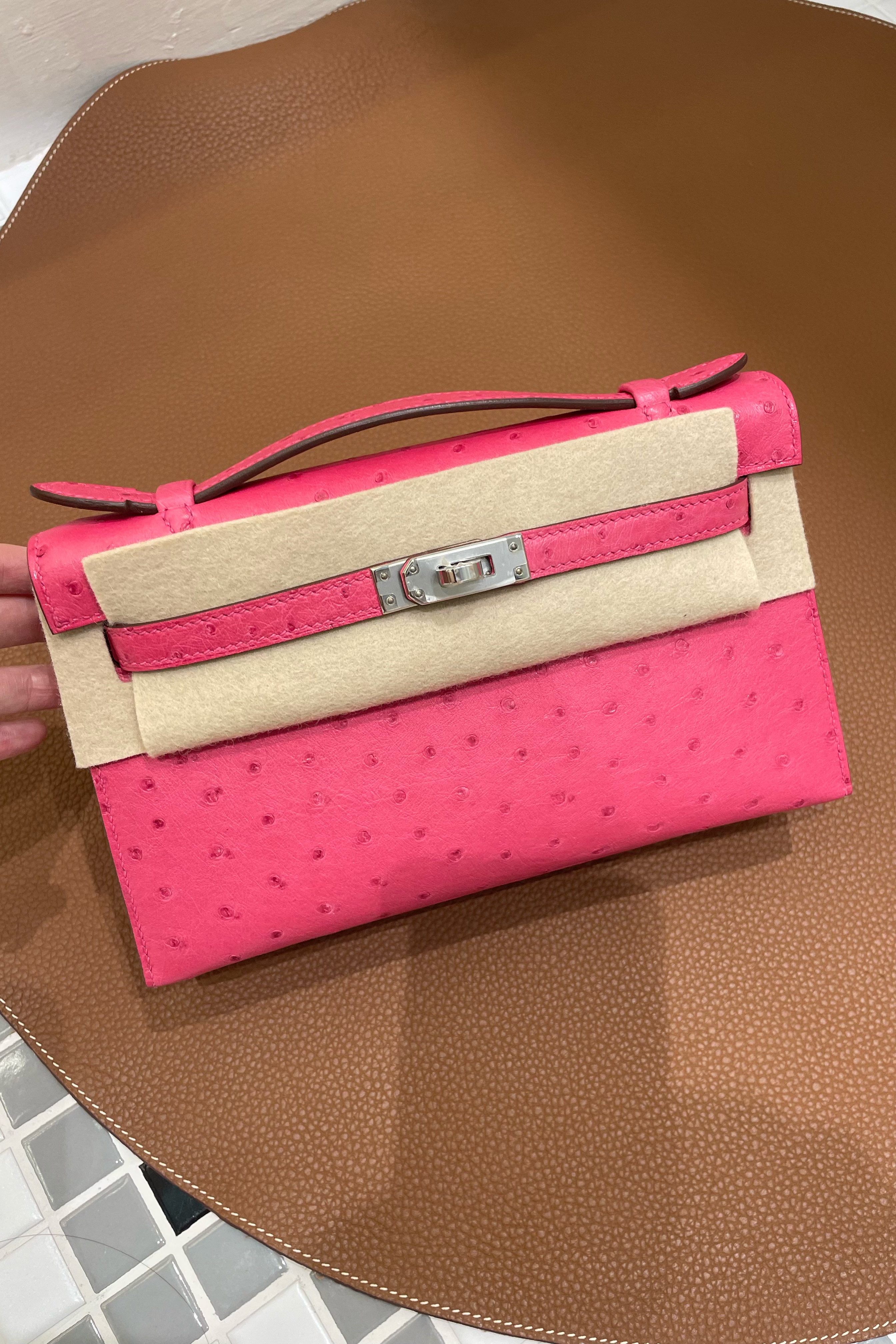 精工⭐纯手工凯莉mini一代22南非kk鸵鸟皮手缝蜡线 5J桃红色银扣