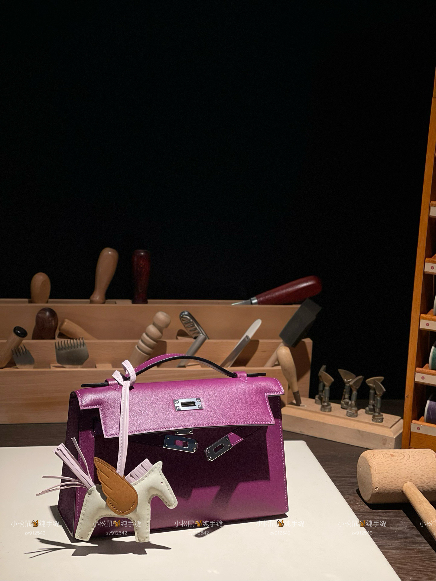 定制蜡线凯莉一代海葵紫原厂SW牛皮迷你KL22银扣mk1晚宴手拿包