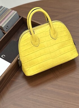 迷你保龄球mini雾面美洲hcp原厂鳄鱼皮金盏花黄色贝壳拉链女包