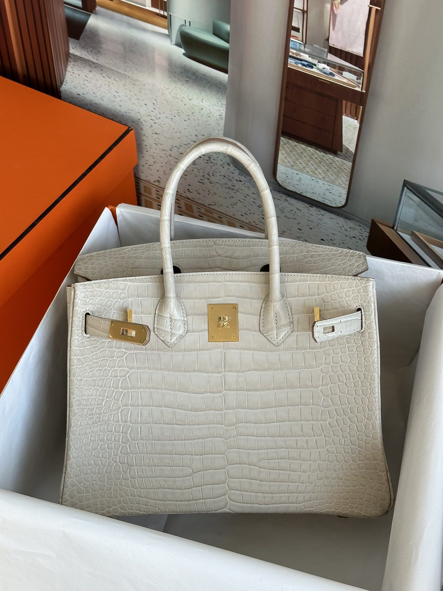 手工定制 铂金包hcp雾面港鳄倒V鳄鱼皮 8L冰川白金扣bin30kin