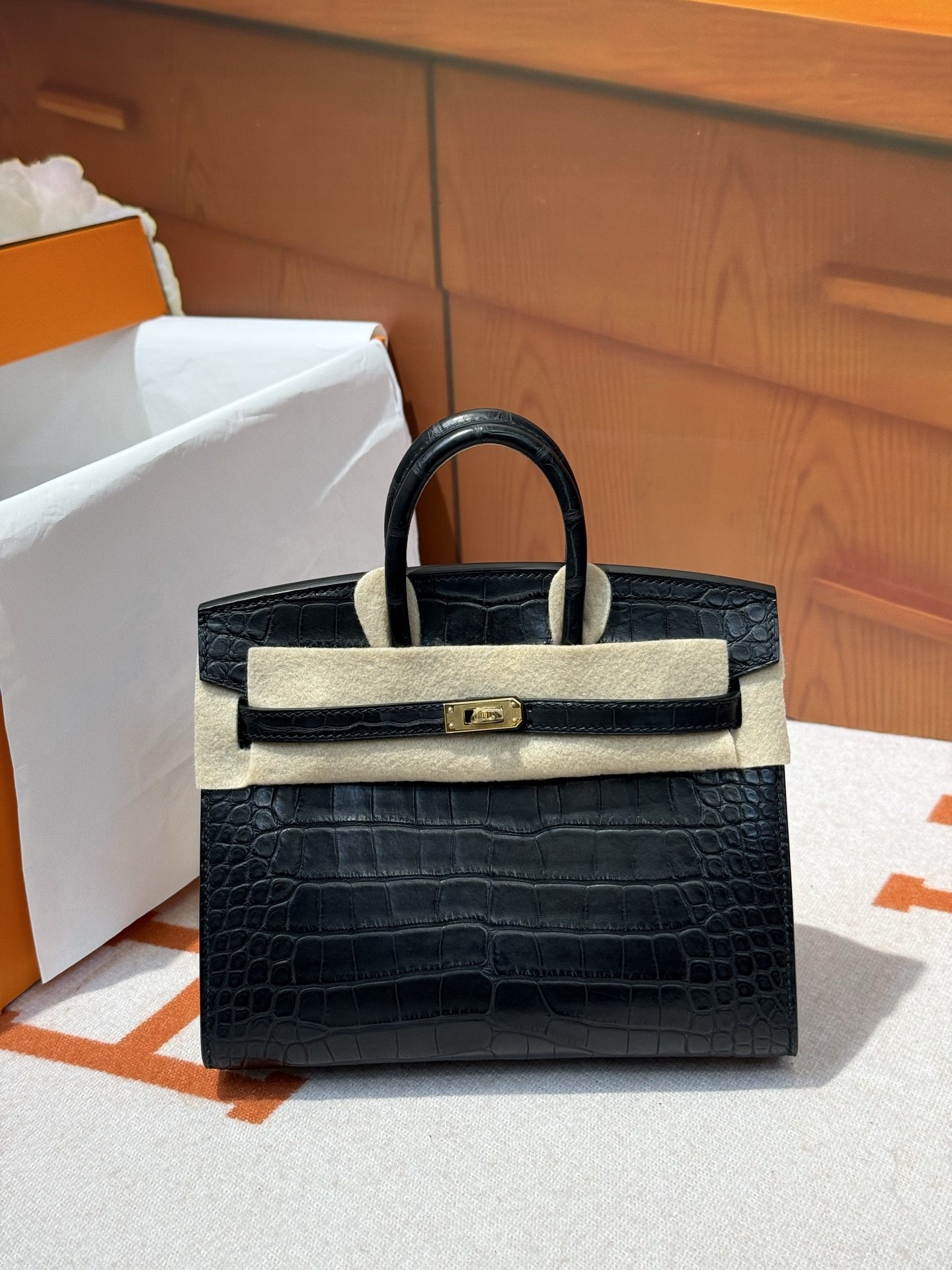 BK20黑色金银扣 迷你雾面美洲Hcp原厂蜡线方块鳄鱼皮铂金包定制