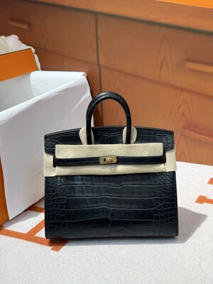 BK20黑色金银扣 迷你雾面美洲Hcp原厂蜡线方块鳄鱼皮铂金包定制