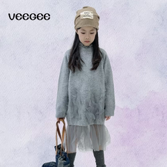 veegee秋季新款圆领拼纱毛衣蕾丝毛衣连衣裙