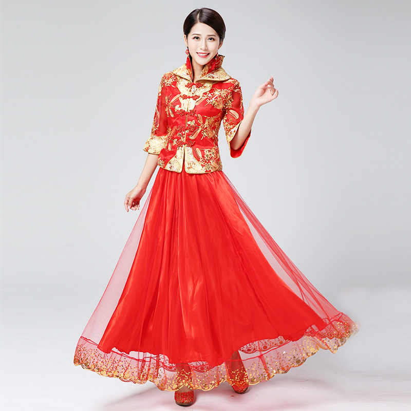 新款新娘结婚敬茶敬酒礼服小凤仙红色套装复古出门回门旗袍