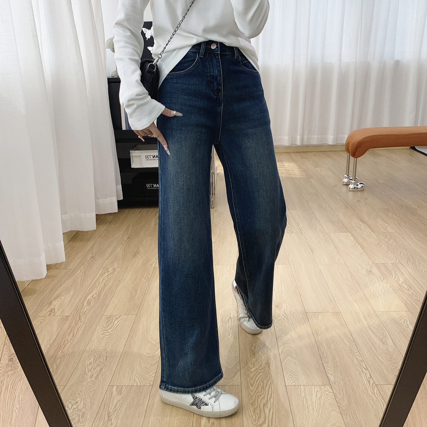 口袋刺绣高腰显瘦加绒阔腿裤女