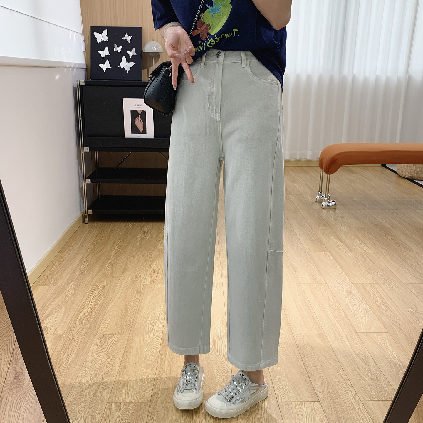 莱赛尔高腰显瘦弯刀牛仔裤女春夏裤子九分裤宽松直筒小个子阔腿裤