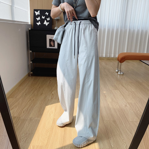 抽绳松紧腰弯刀阔腿休闲裤女夏