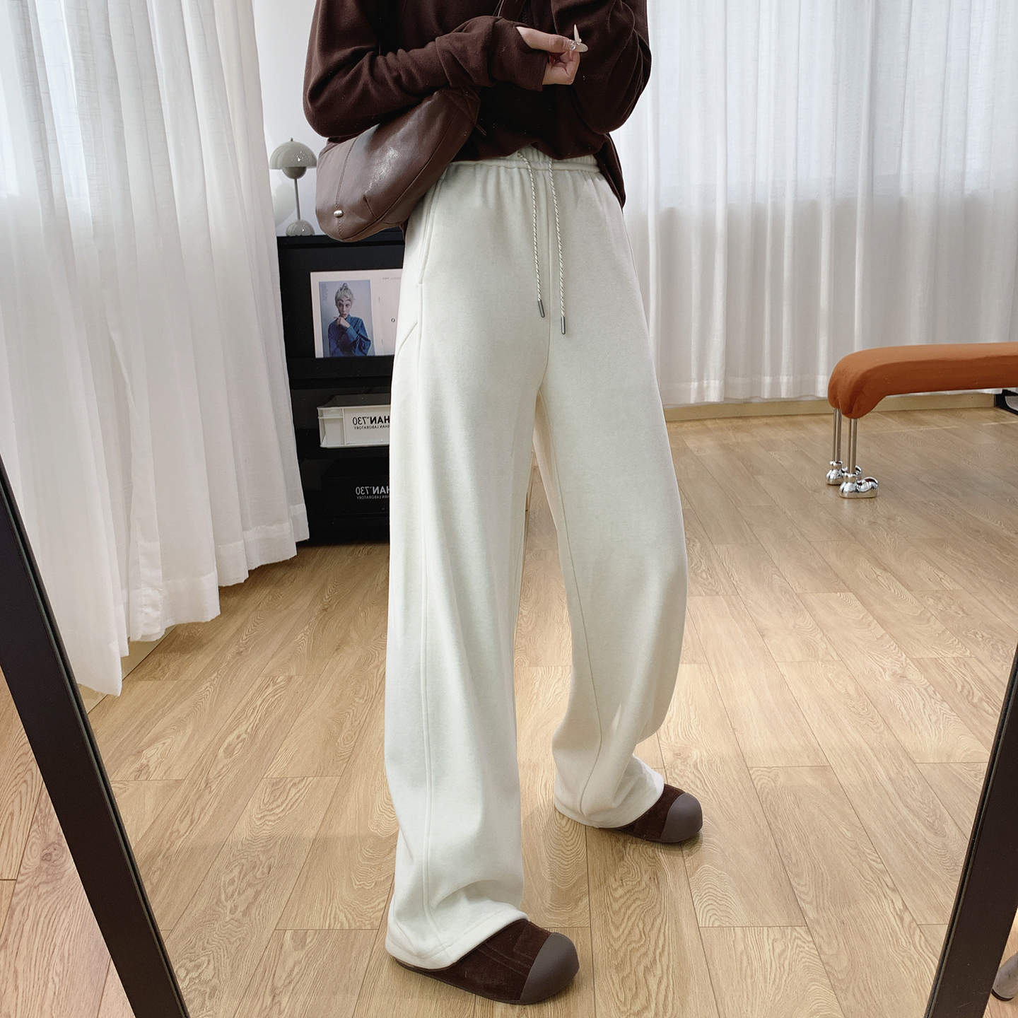 宽松直筒显瘦垂感加绒休闲阔腿裤