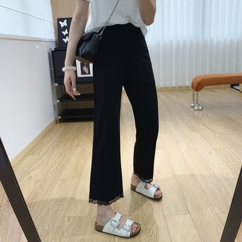 显瘦黑色面膜裤蕾丝微喇裤女夏季