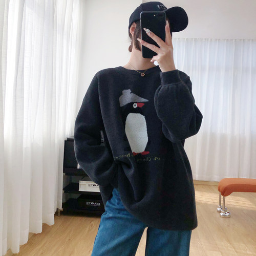 抗起球！蓝粒绒企鹅加厚套头毛衣