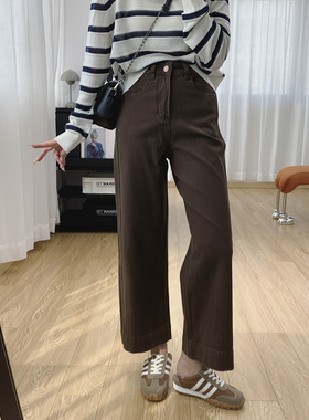 美拉德四面弹高腰显瘦加绒牛仔裤女秋冬裤子宽松直筒裤冬季阔腿裤