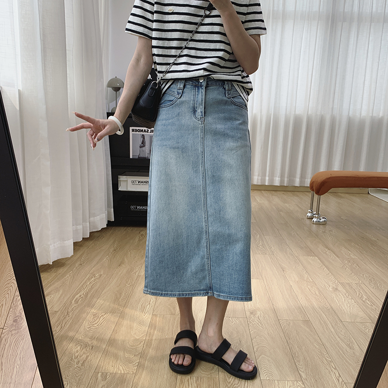 后开叉遮胯显瘦高腰牛仔半身裙女夏季薄款2025新款中长款A字裙子