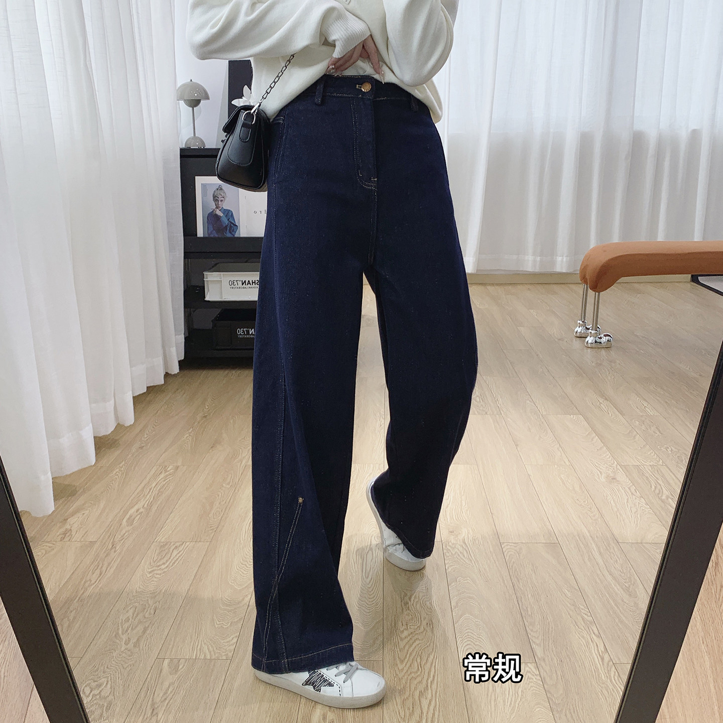 防褪色高腰显瘦加绒弯刀牛仔裤女