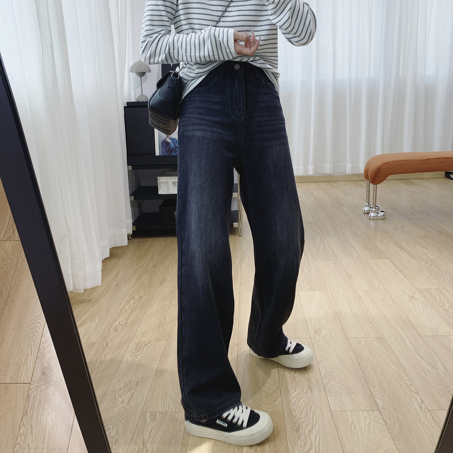 直面弹高腰显瘦窄版阔腿牛仔裤女