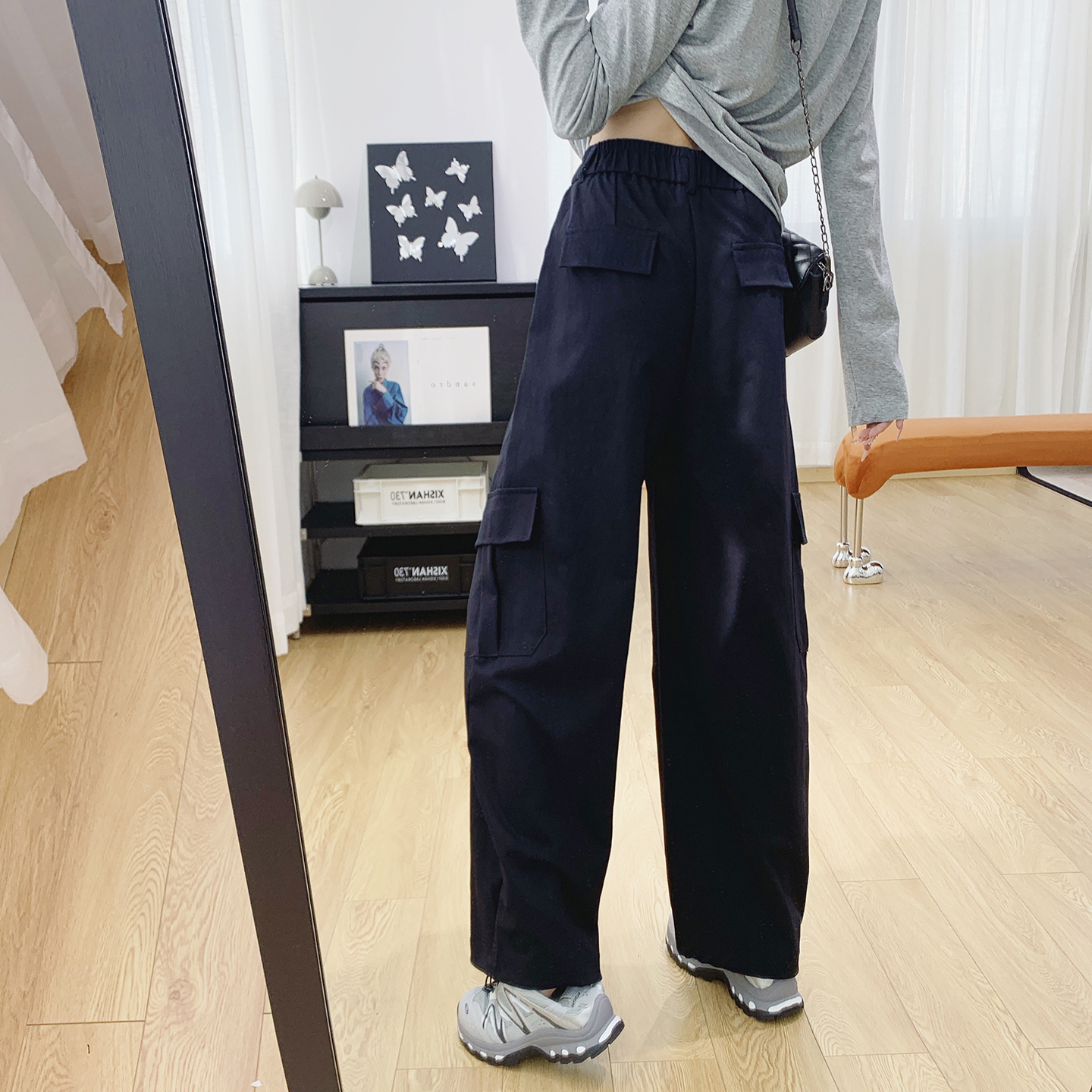 裤脚可收口松紧腰显瘦垂感工装裤