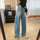 子宽松阔腿裤 女春夏梨型身材裤 弯刀牛仔裤 巨显瘦水洗做旧高腰窄版