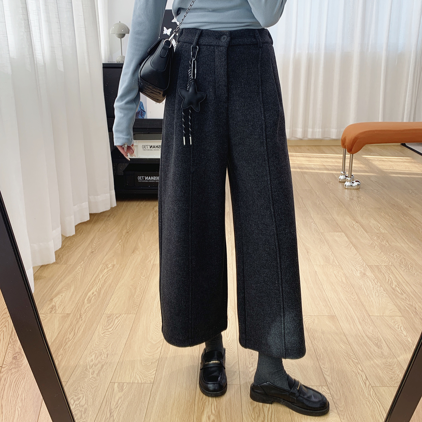 毛呢羊毛宽松直筒加绒休闲阔腿裤