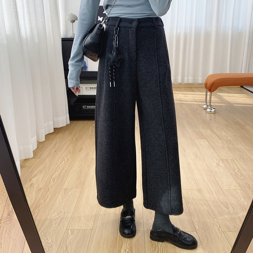 毛呢羊毛宽松直筒休闲阔腿裤女春